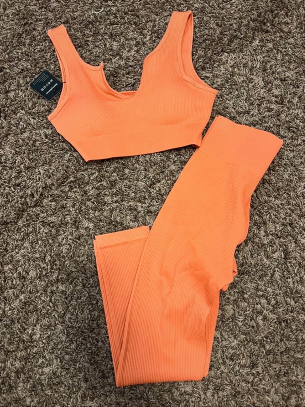 Seamless Ribbed Sports Bra & Leggings Set - Bright Orange